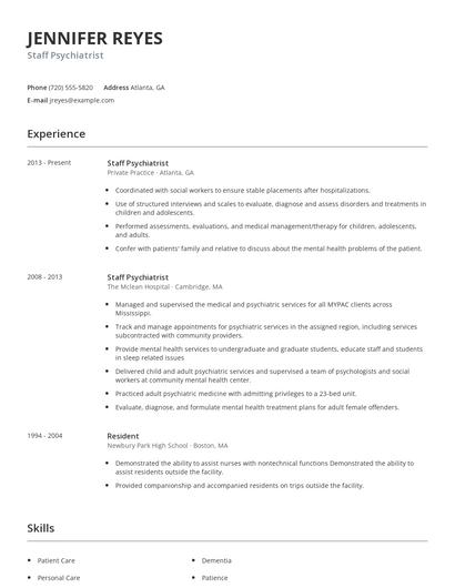 Staff Psychiatrist Resume