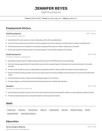 Staff Psychiatrist Resume