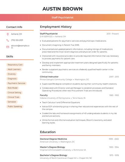 Staff Psychiatrist Resume