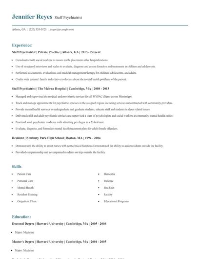 Staff Psychiatrist Resume