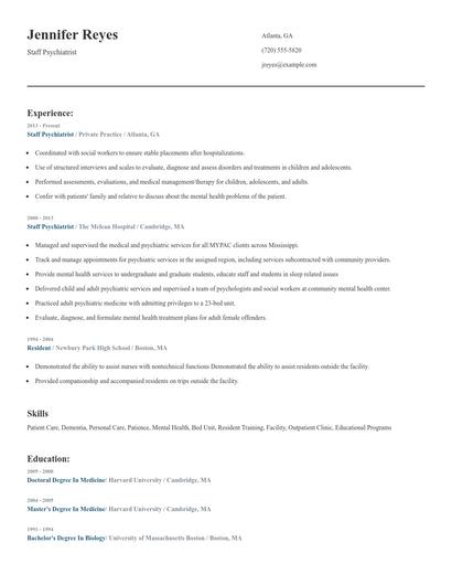 Staff Psychiatrist Resume