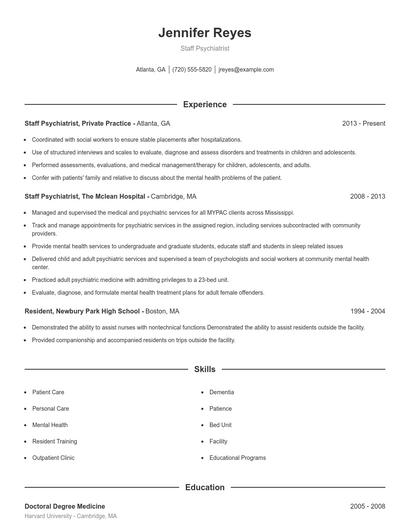 Staff Psychiatrist Resume