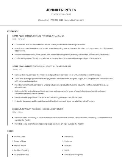 Staff Psychiatrist Resume