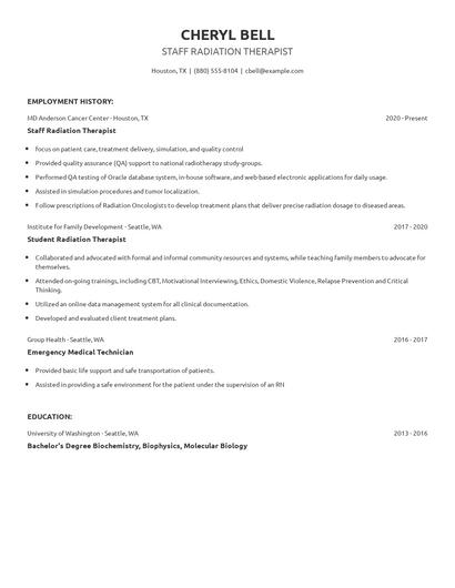 Staff Radiation Therapist Resume