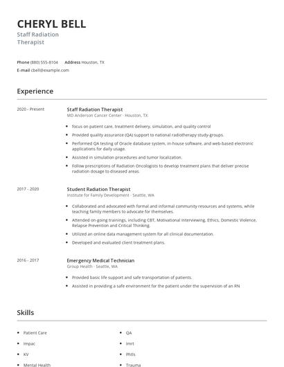 Staff Radiation Therapist Resume