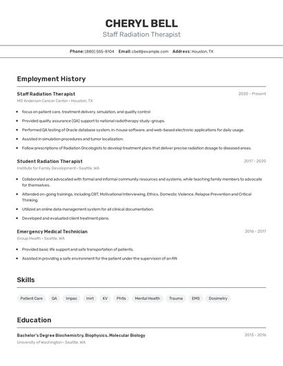 Staff Radiation Therapist Resume