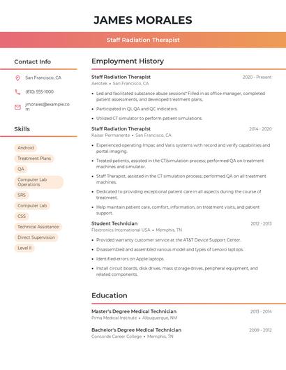Staff Radiation Therapist Resume