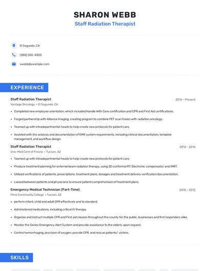 Staff Radiation Therapist Resume