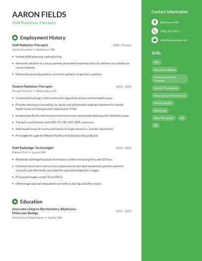 Staff Radiation Therapist Resume