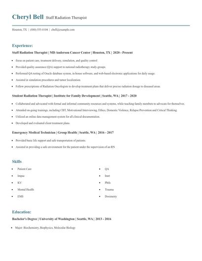 Staff Radiation Therapist Resume
