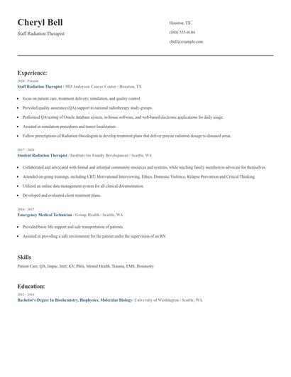 Staff Radiation Therapist Resume