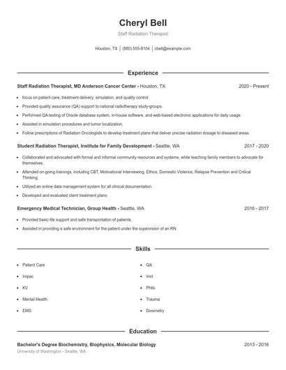Staff Radiation Therapist Resume