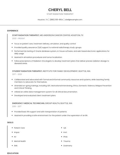 Staff Radiation Therapist Resume