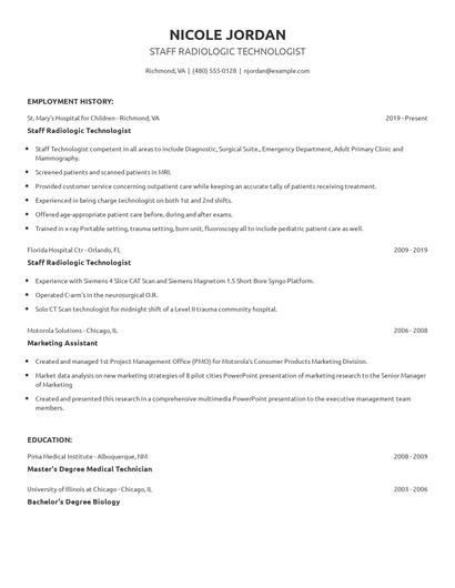 Staff Radiologic Technologist Resume