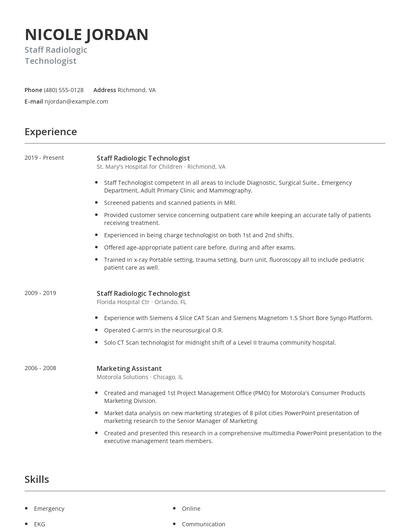 Staff Radiologic Technologist Resume