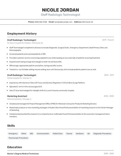 Staff Radiologic Technologist Resume