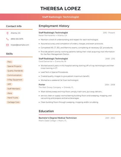 Staff Radiologic Technologist Resume