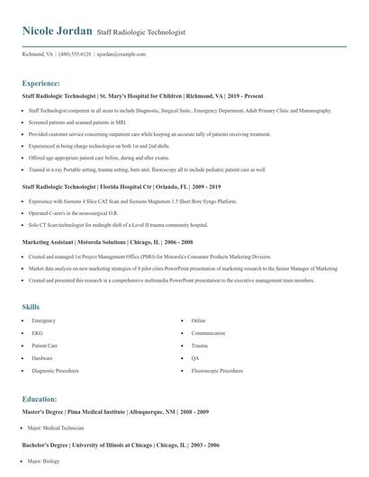 Staff Radiologic Technologist Resume