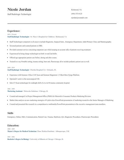 Staff Radiologic Technologist Resume