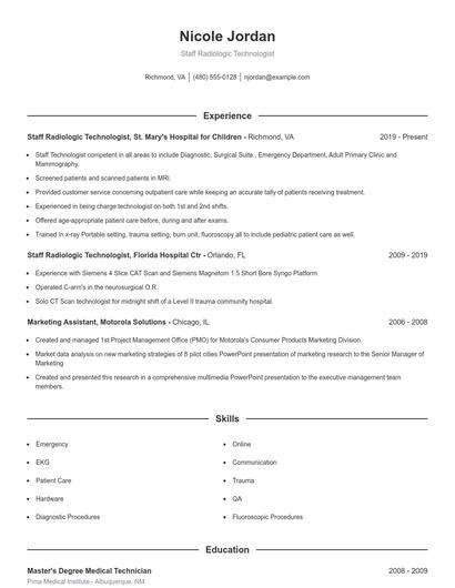 Staff Radiologic Technologist Resume