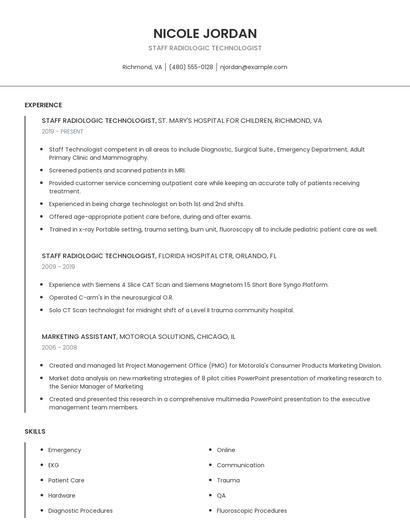 Staff Radiologic Technologist Resume