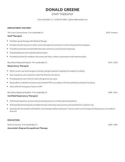 Staff Therapist Resume