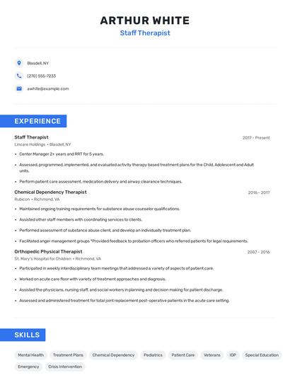 Staff Therapist Resume
