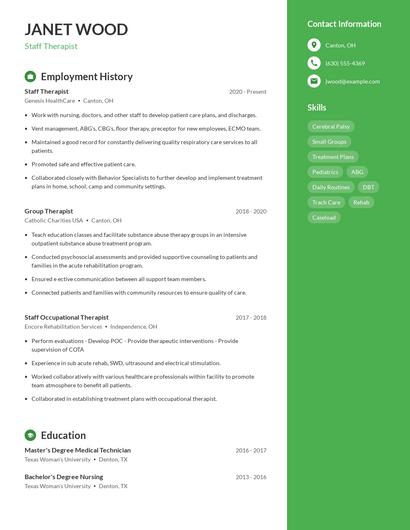 Staff Therapist Resume