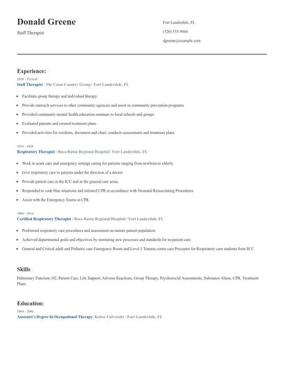 Staff Therapist Resume