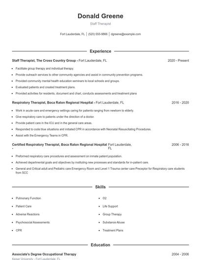 Staff Therapist Resume