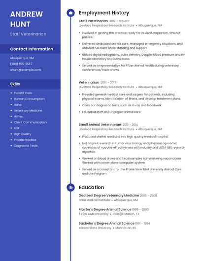 Staff Veterinarian Resume