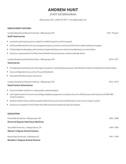 Staff Veterinarian Resume