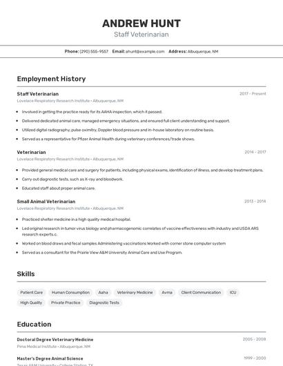 Staff Veterinarian Resume