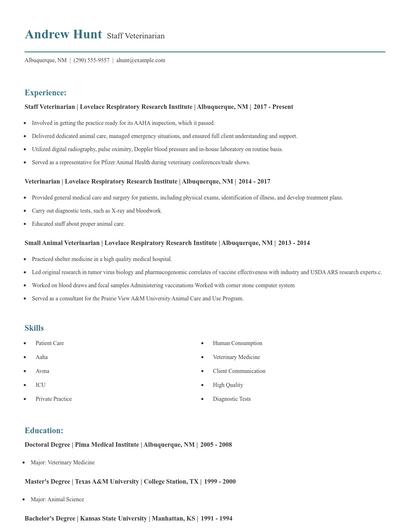 Staff Veterinarian Resume