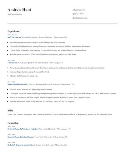 Staff Veterinarian Resume