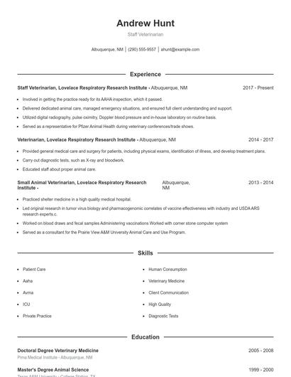 Staff Veterinarian Resume