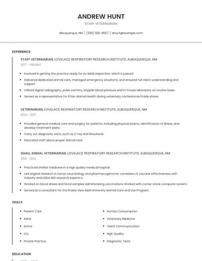 Staff Veterinarian Resume