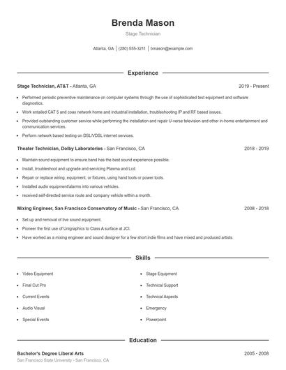 Stage Technician Resume