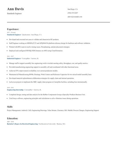 Standards Engineer Resume