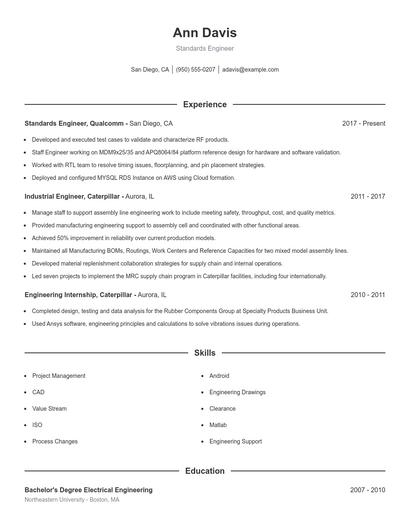 Standards Engineer Resume