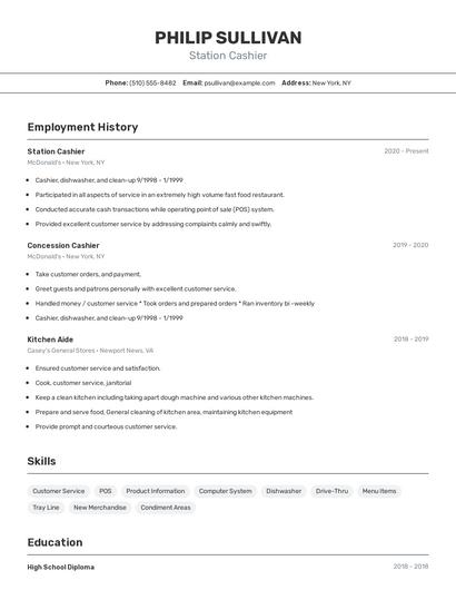 Station Cashier Resume