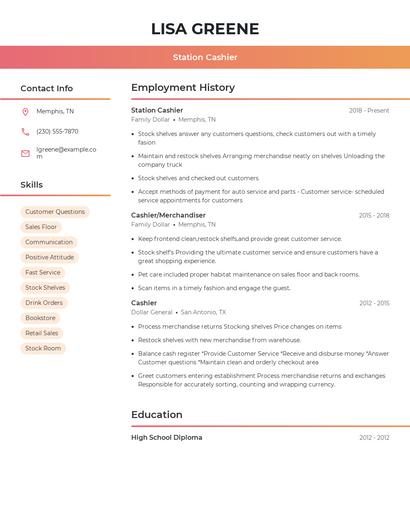 Station Cashier Resume