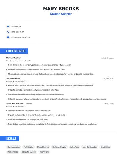 Station Cashier Resume