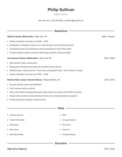 Station Cashier Resume