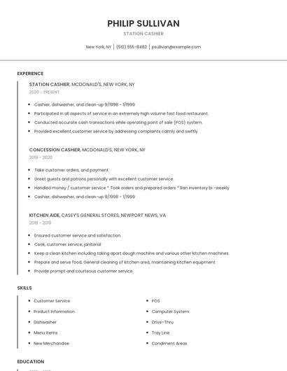 Station Cashier Resume