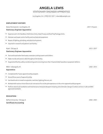 Stationary Engineer Apprentice Resume