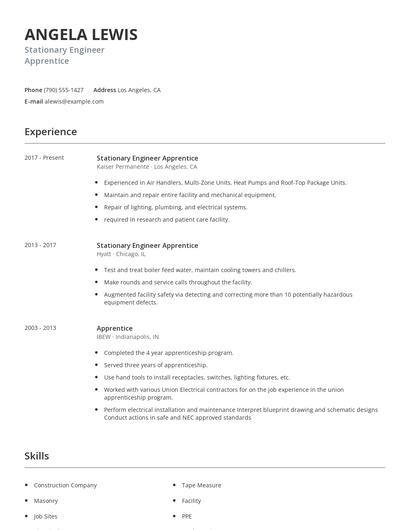 Stationary Engineer Apprentice Resume