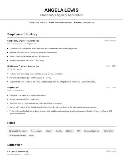 Stationary Engineer Apprentice Resume