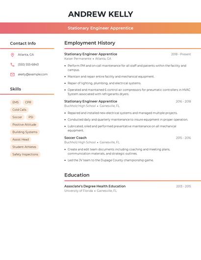 Stationary Engineer Apprentice Resume