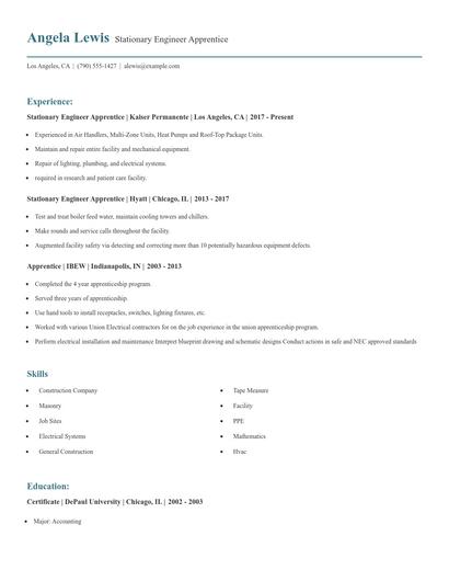 Stationary Engineer Apprentice Resume